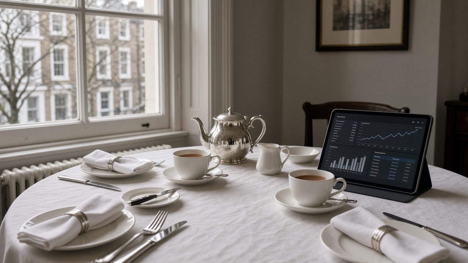 A morning briefing table in an English townhouse