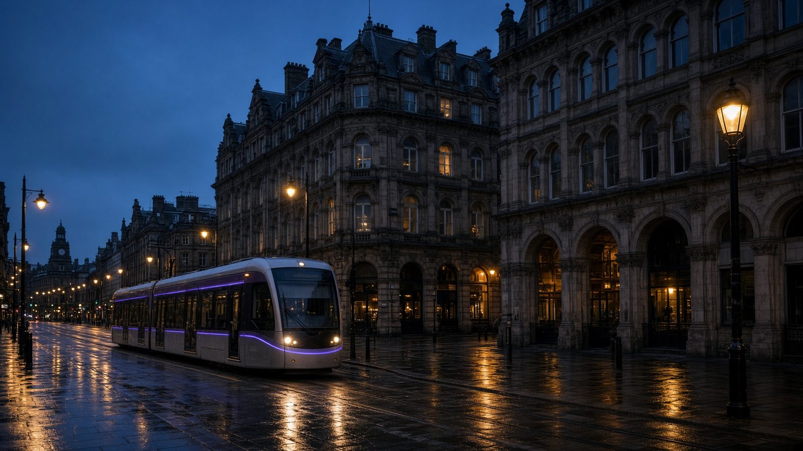Manchester city centre at blue hour