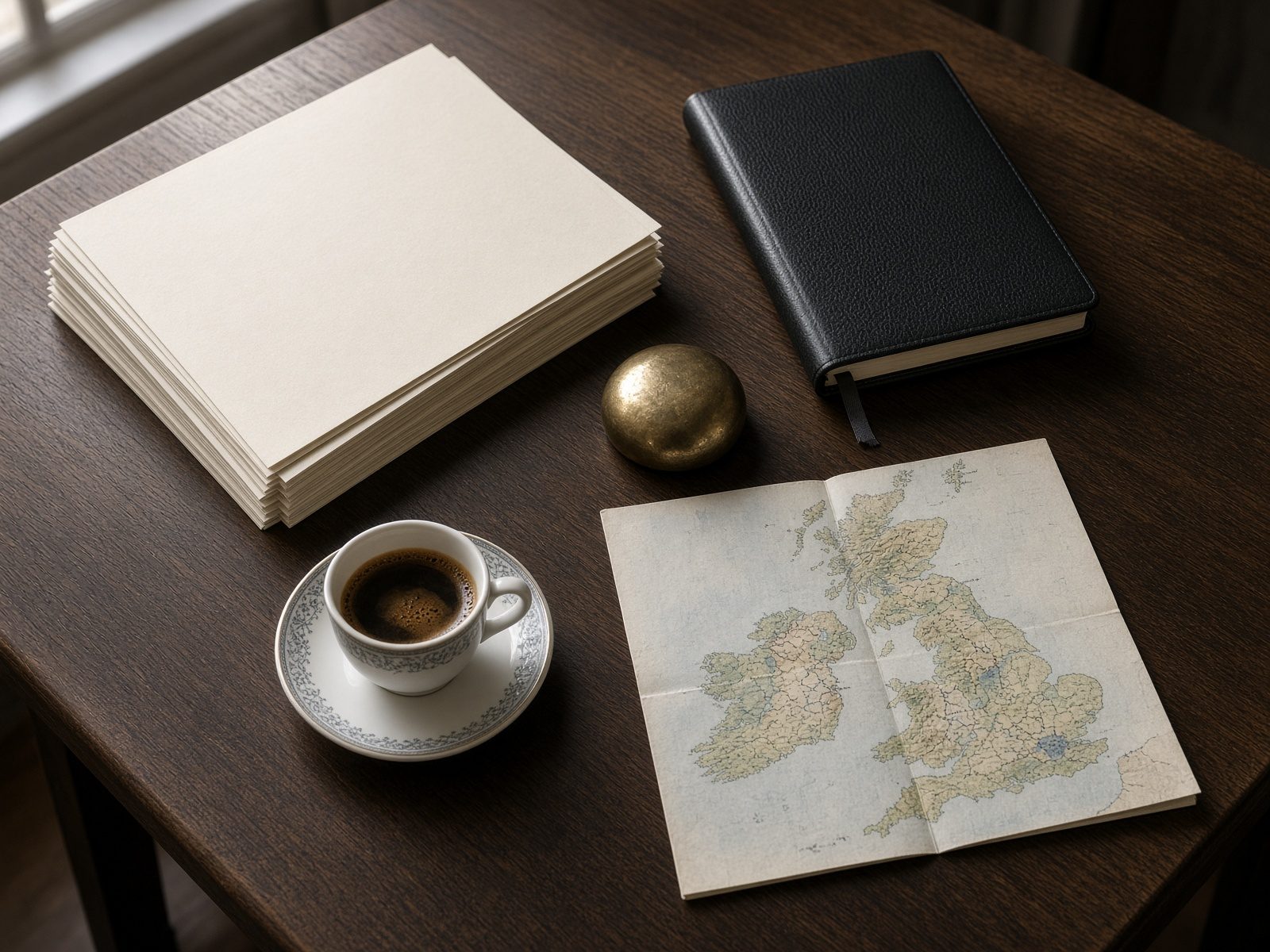 Dossiers and a UK map prepared for the morning note