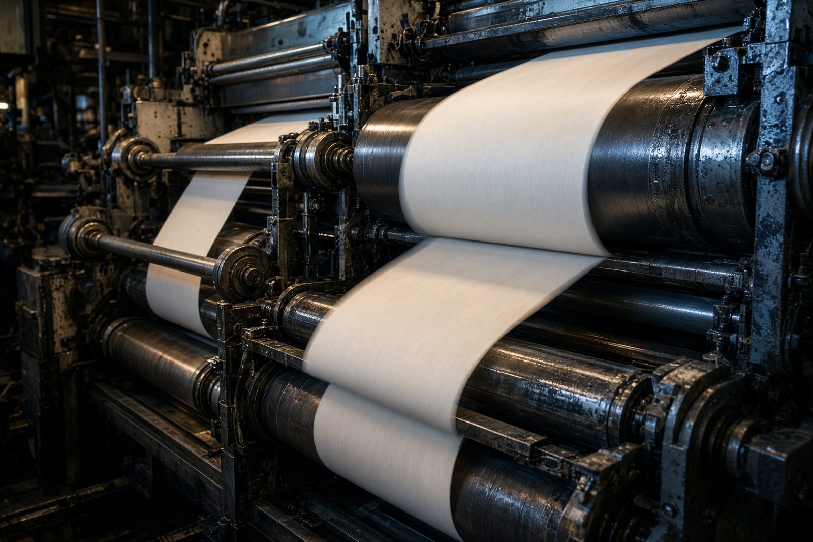 Newsprint running through a printing press