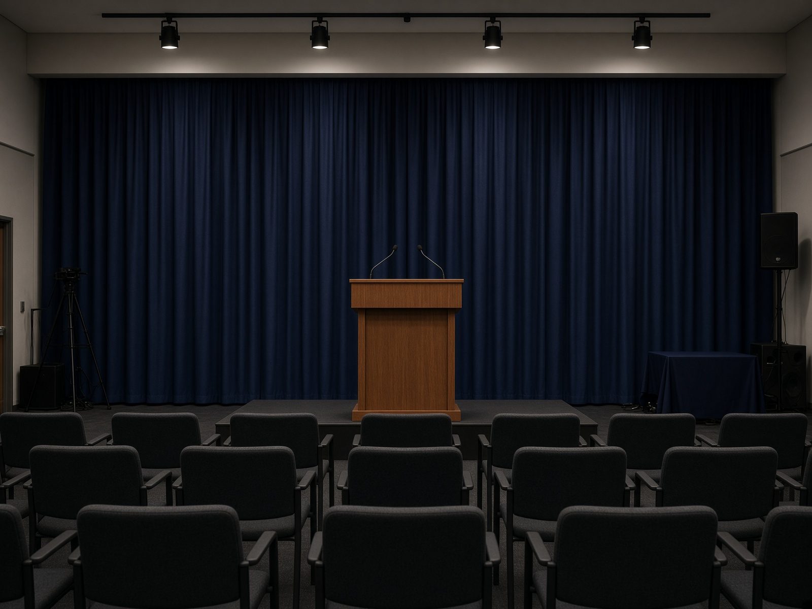 An empty press briefing room before a call
