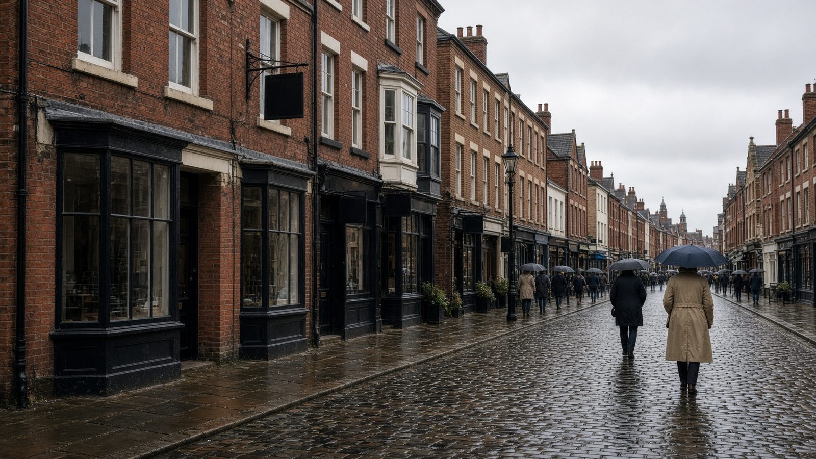 A Cheshire market town high street after rain